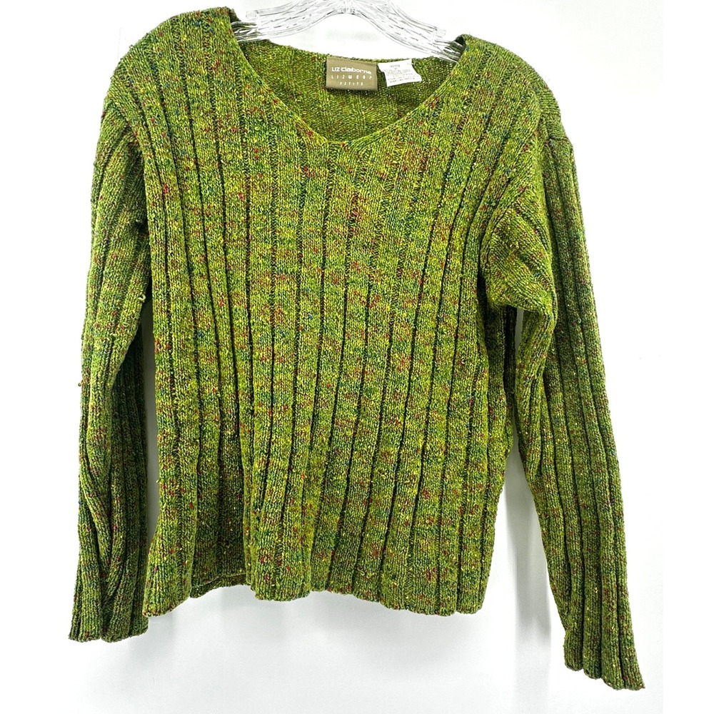 Liz Claiborne Lizwear Petite Green Confetti Ribbed V-Neck Sweater Size P